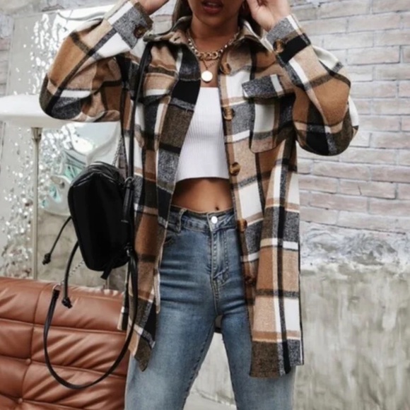 Boho chic black tan plaid button down jacket shachet casual - Picture 4 of 4